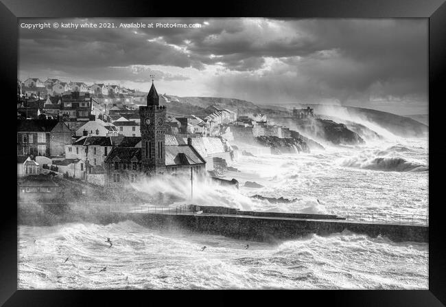 Porthleven Harbour Cornwall,lagre wave ,storm forc Framed Print by kathy white
