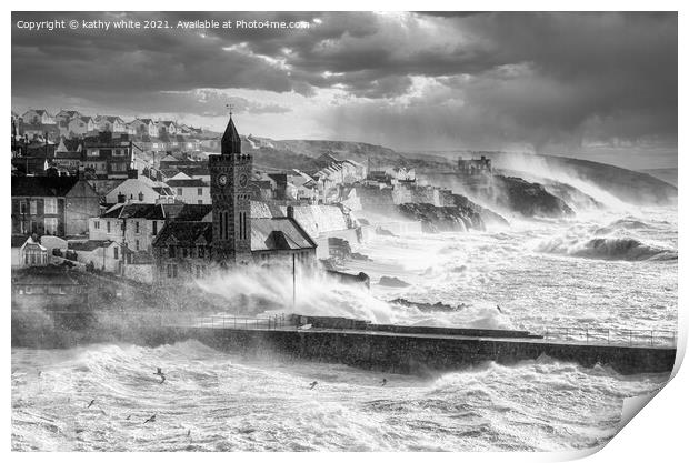 Porthleven Harbour Cornwall,lagre wave ,storm forc Print by kathy white