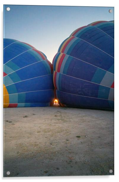 Coloful air hot air balloons facing each other being filled with helium gas during night, preparation of a flight in Goreme national park in Cappadocia, Turkey Acrylic by Arpan Bhatia