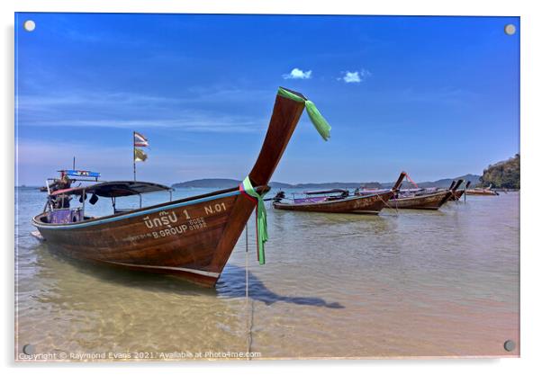 Thailand longtail boats Krabi beach Acrylic by Raymond Evans