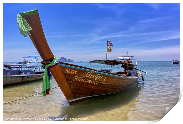 Thailand longtail boat Krabi beach Print by Raymond Evans