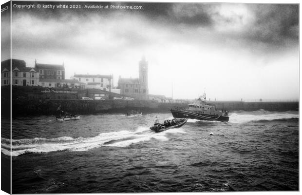 RNLI Porthleven lifeboat black and white fog Canvas Print by kathy white