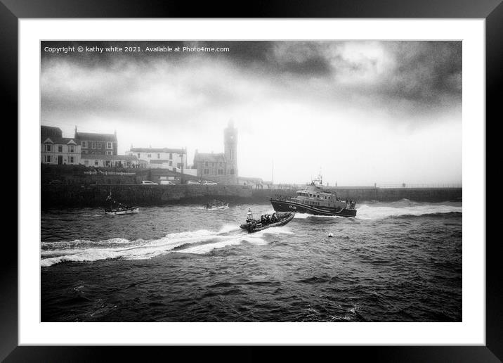 RNLI Porthleven lifeboat black and white fog Framed Mounted Print by kathy white