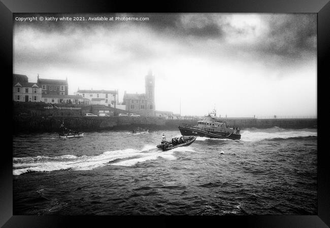 RNLI Porthleven lifeboat black and white fog Framed Print by kathy white