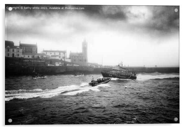 RNLI Porthleven lifeboat black and white fog Acrylic by kathy white