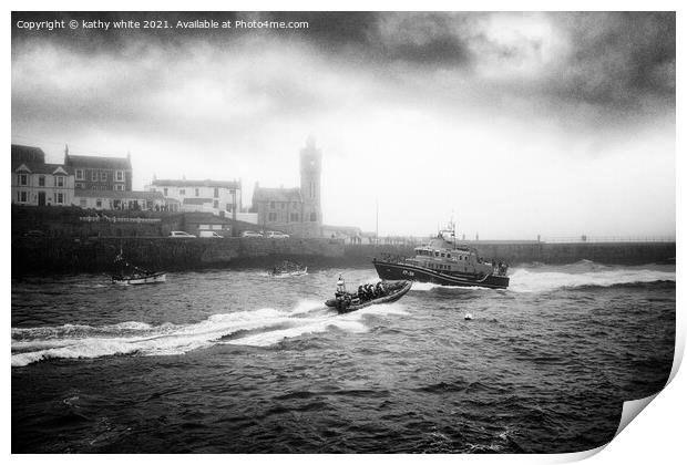 RNLI Porthleven lifeboat black and white fog Print by kathy white