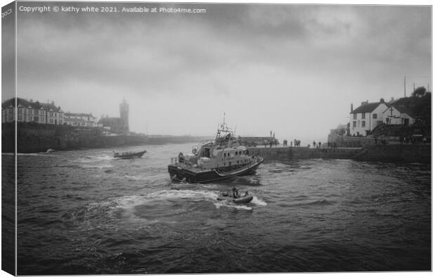  RNLI Porthleven lifeboat black and white fog Canvas Print by kathy white