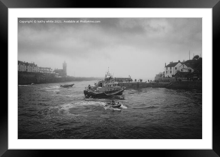  RNLI Porthleven lifeboat black and white fog Framed Mounted Print by kathy white