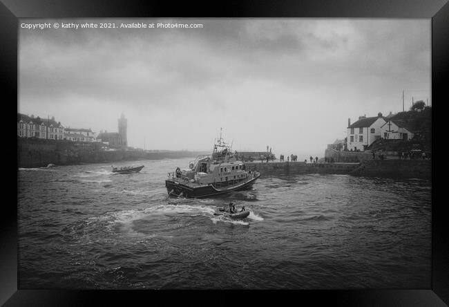  RNLI Porthleven lifeboat black and white fog Framed Print by kathy white