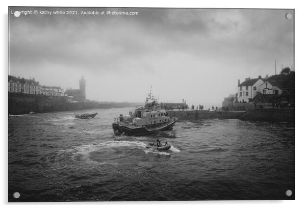  RNLI Porthleven lifeboat black and white fog Acrylic by kathy white