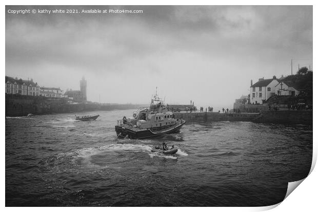 RNLI Porthleven lifeboat black and white fog Print by kathy white
