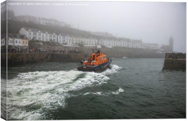 RNLI Porthleven lifeboat misty day Canvas Print by kathy white