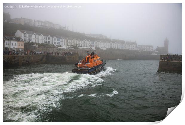 RNLI Porthleven lifeboat misty day Print by kathy white