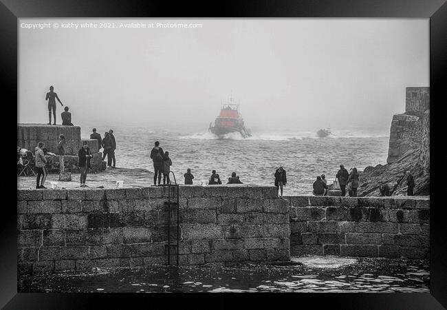 Porthleven Cornwall lifeboat Framed Print by kathy white