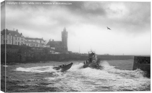 Porthleven Harbour Cornwall,lifeboat day,black and Canvas Print by kathy white