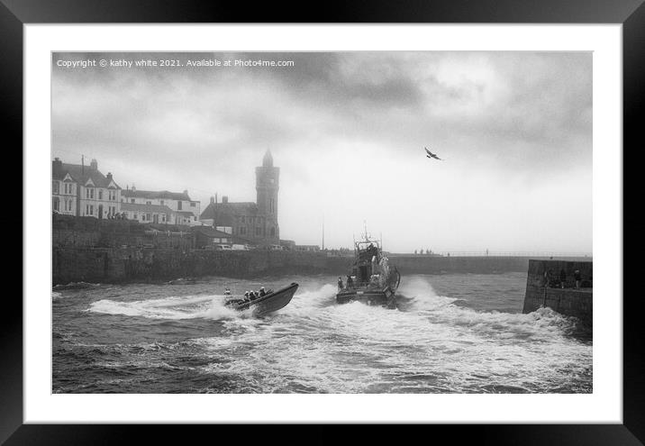 Porthleven Harbour Cornwall,lifeboat day,black and Framed Mounted Print by kathy white