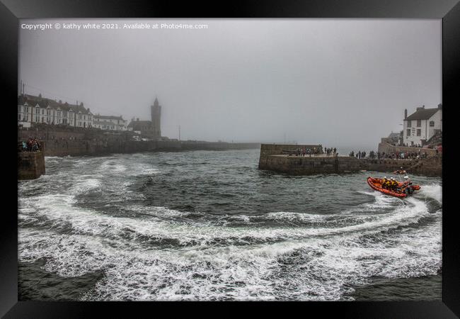 RNLI Porthleven lifeboat misty day Framed Print by kathy white