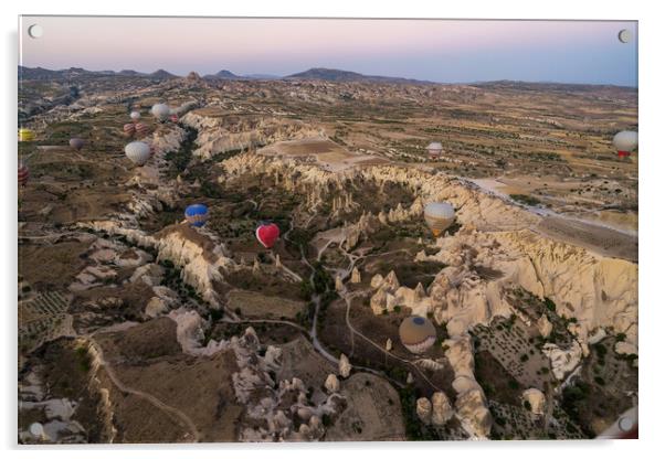 Many colorful hot air balloons flight above mountains and rocky formation - panorama of Cappadocia at sunrise. Wide landscape of Goreme valley - billboard background for your travel concept in Turkey Acrylic by Arpan Bhatia