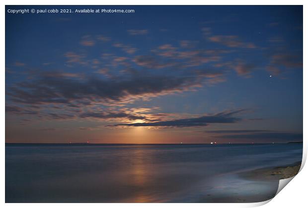Rising Moon over Serene Beach Print by paul cobb