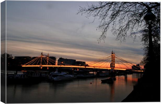 Sunset over Albert Bridge and the River Thames in Chelsea and Ba Canvas Print by Andy Evans Photos