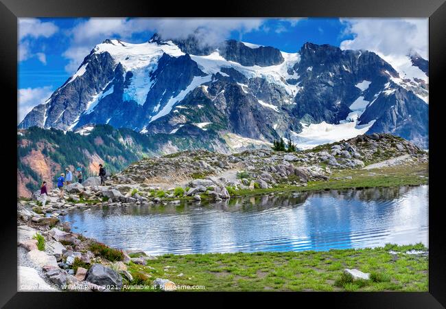 Hikers Mount Shuksan Pool Artist Point Washington State  Framed Print by William Perry