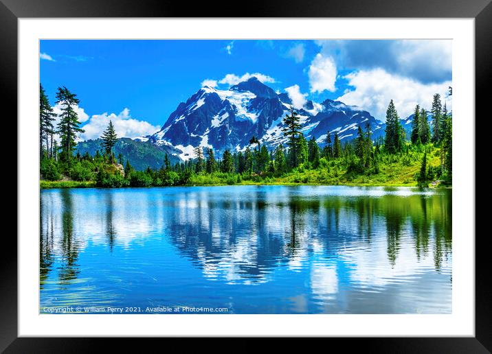 Picture Lake Evergreens Mount Shuksan Washington USA Framed Mounted Print by William Perry
