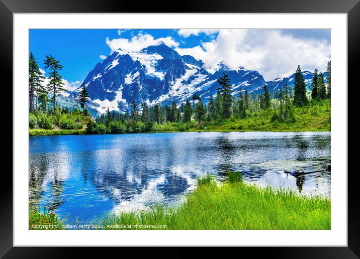 Picture Lake Evergreens Mount Shuksan Washington USA Framed Mounted Print by William Perry