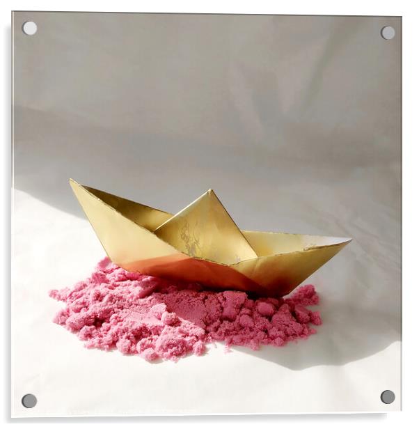 Gold paper ship Acrylic by Larisa Siverina