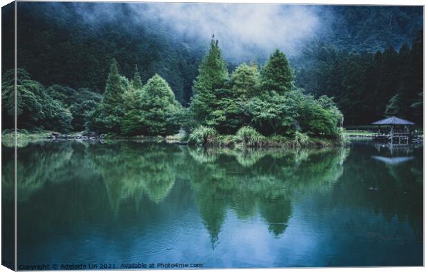 reflection of trees and pavilion in the lake Canvas Print by Adelaide Lin