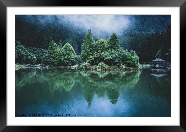 reflection of trees and pavilion in the lake Framed Mounted Print by Adelaide Lin