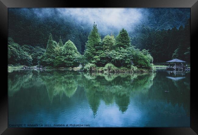 reflection of trees and pavilion in the lake Framed Print by Adelaide Lin