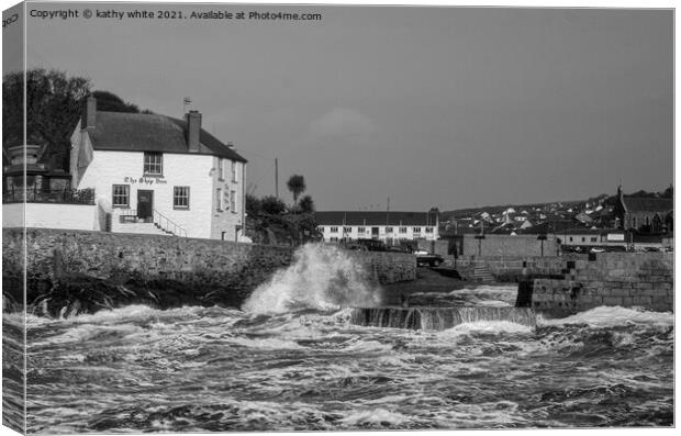 Porthleven ship inn, Cornwall,black and white stor Canvas Print by kathy white