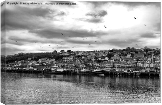 old fishing boats Newlyn cornwall, black and white Canvas Print by kathy white