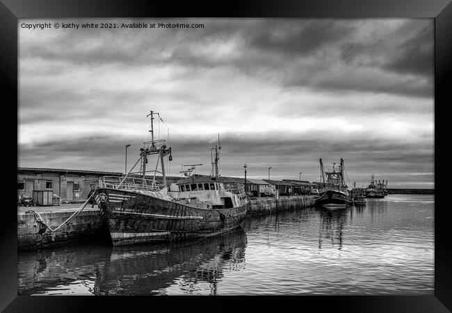 fishing boats ,black and white Framed Print by kathy white