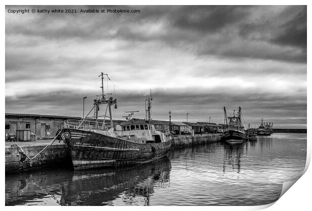 fishing boats ,black and white Print by kathy white
