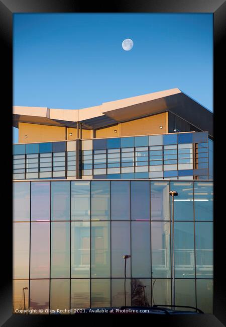 Abstract glass building and moon Framed Print by Giles Rocholl