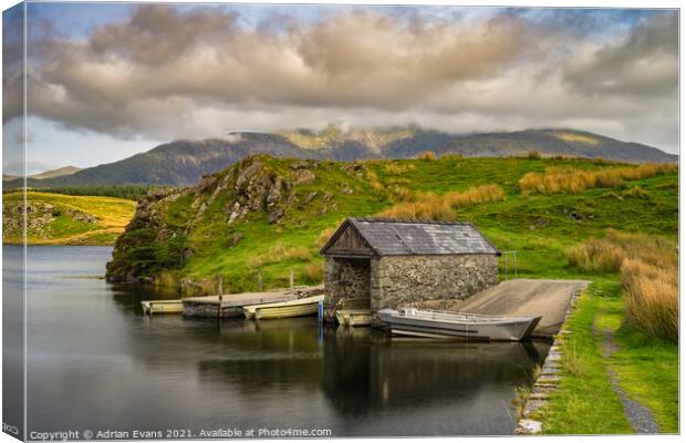 Llyn y Dywarchen Boat House Snowdonia Canvas Print by Adrian Evans