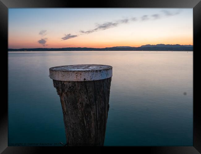 Lake Garda Sunset with Mooring Pole in Sirmione Framed Print by Dietmar Rauscher