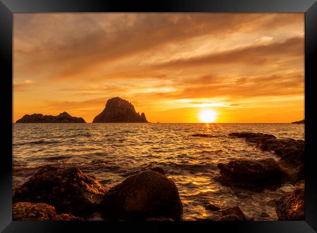 A sunset with the golden sky in Es Vedra, Ibiza Framed Print by Vicen Photo