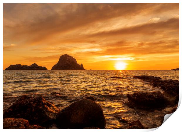 A sunset with the golden sky in Es Vedra, Ibiza Print by Vicen Photo
