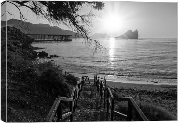 Access stairs to Aguilas beach at sunrise in black and white Canvas Print by Vicen Photo