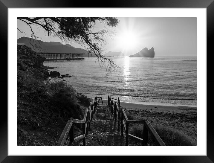 Access stairs to Aguilas beach at sunrise in black and white Framed Mounted Print by Vicen Photo