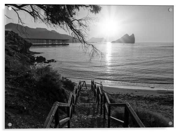 Access stairs to Aguilas beach at sunrise in black and white Acrylic by Vicen Photo
