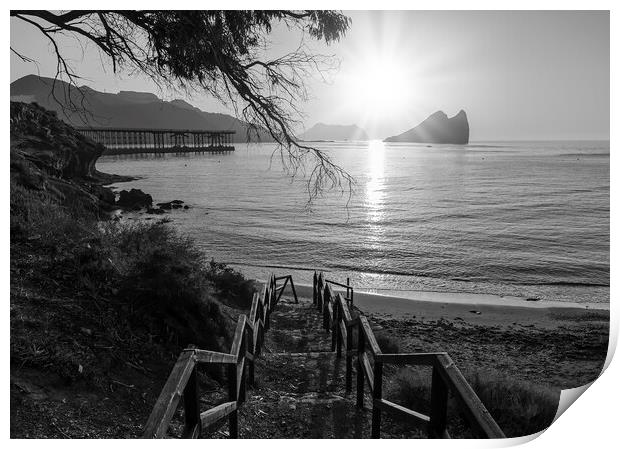 Access stairs to Aguilas beach at sunrise in black and white Print by Vicen Photo
