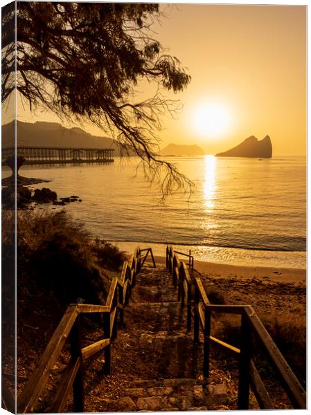 Access stairs to Aguilas beach in a golden sunrise Canvas Print by Vicen Photo