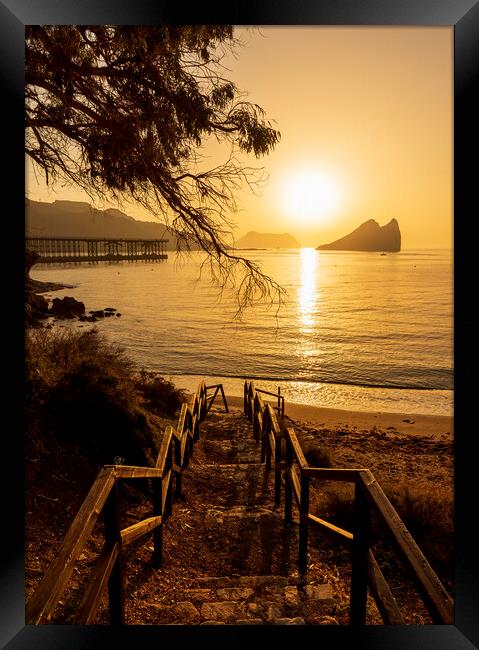 Access stairs to Aguilas beach in a golden sunrise Framed Print by Vicen Photo