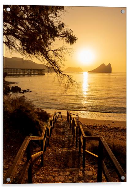 Access stairs to Aguilas beach in a golden sunrise Acrylic by Vicen Photo