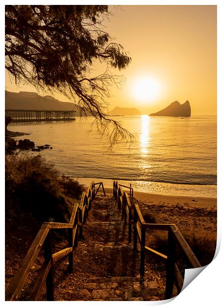 Access stairs to Aguilas beach in a golden sunrise Print by Vicen Photo