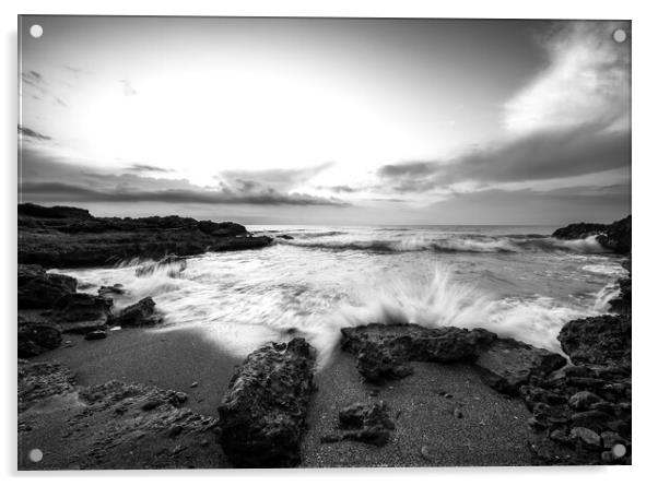A wave crashing against the rock on a beach in black and white Acrylic by Vicen Photo