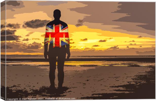 Crosby Beach Iron Man with Union Jack Canvas Print by Paul Madden